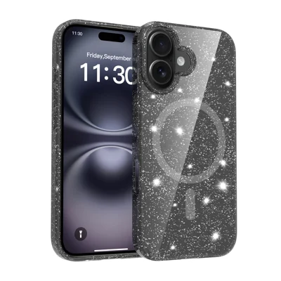 For iPhone 16 Magnetic Case Glitter Design TPU PC PET Drop Proof Phone Cover - Transparent Black