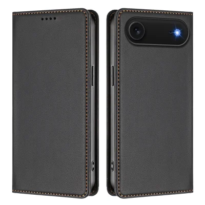 For iPhone Air Leather Wallet Case Magnetic Closure RFID Blocking Phone Cover - Black