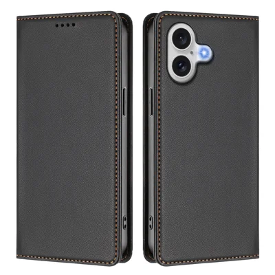 For iPhone 17 Leather Wallet Case Magnetic Closure RFID Blocking Phone Cover - Black