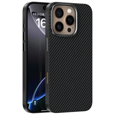 ABEEL Coque pour iPhone 16 Pro Max Compatible avec MagSafe Texture Fibre de Carbone TPU PC PU Couverture Arrière de Téléphone - Noir