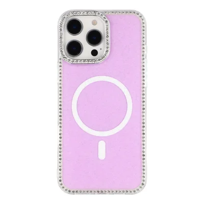 Coque pour iPhone 16 Pro compatible MagSafe, bord en strass, dos pailleté, coque en TPU + PC IMD - Violet clair pailleté
