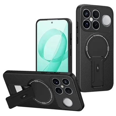 Voor Xiaomi Redmi K90 Pro Max 5G / Poco F8 Ultra hoesje met koolstofvezelstructuur PC + TPU telefoonhoesje met standaard - Zwart
