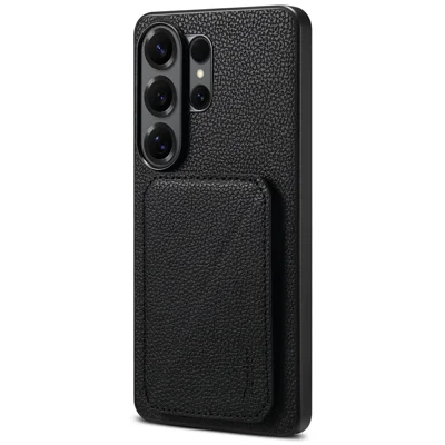 DENIOR D29 For Samsung Galaxy S25 Ultra Magnetic Case Leather Back Phone Cover with Detachable Card Holder - Black