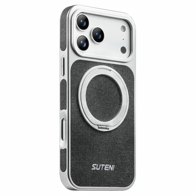 SUTENI G6 for iPhone 17 Pro Max Magnetic Case Rotating Kickstand Electroplating Jean Cloth Texture Leather Back Cover - Black