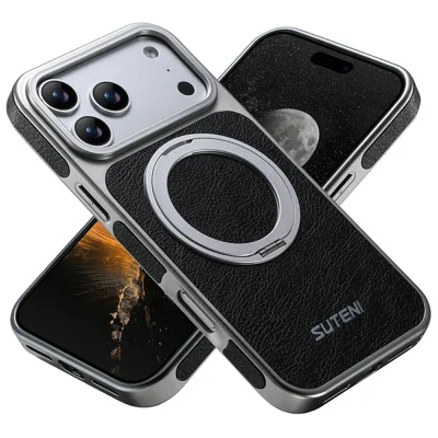 SUTENI G6 for iPhone 17 Pro Max Magnetic Case Rotating Kickstand Electroplating Crazy Horse Texture Leather Back Cover - Black