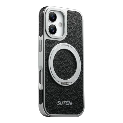 SUTENI G6 for iPhone 17 Magnetic Case Rotating Kickstand Electroplating Litchi Texture Leather Back Cover - Black