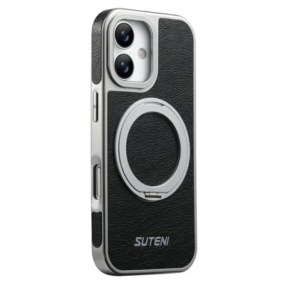 SUTENI G6 for iPhone 17 Magnetic Case Rotating Kickstand Electroplating Crazy Horse Texture Leather Back Cover - Black