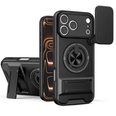 Bulk Purchasing For iPhone 17 Pro Magnetic Case Rotary Kickstand TPU + PC Phone Cover with Lens Guard - Black