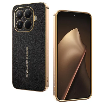 Xiaomi 15T Pro hoesje tegen krasjes met lederstructuur TPU Litchi Leather PU achterkant - Zwart
