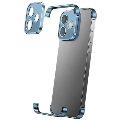 For iPhone 16 Frameless Case Titanium Alloy Phone Corner Pad Bumper Cover with Camera Lens Protector - Blue