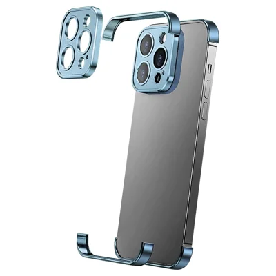 For iPhone 13 Pro Frameless Case Titanium Alloy Phone Corner Pad Bumper Cover with Camera Lens Protector - Blue