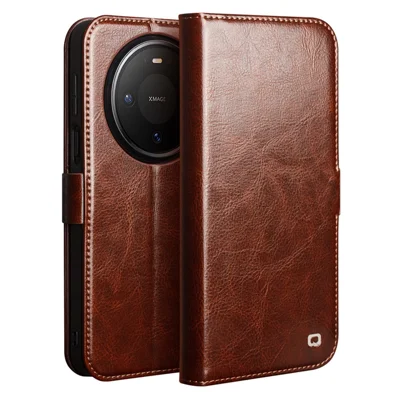 QIALINO Capa Carteira Suporte em Couro Genuíno de Vaca para Huawei Mate 80 - Marrom