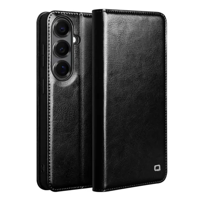 QIALINO Hülle für Samsung Galaxy S26 / S26 Pro mit Geldbörse aus echtem Rindsleder Telefonhülle mit Kartenfach Ständer - Schwarz