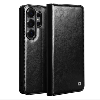 QIALINO Hülle für Samsung Galaxy S26 Ultra mit Geldbörse aus echtem Rindsleder Handyhülle mit Kartenfach Ständer - Schwarz