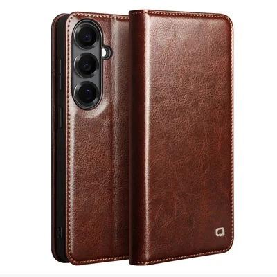 QIALINO Für Samsung Galaxy S26+ Brieftaschenhülle aus echtem Rindsleder Handyhülle mit Kartenfach und Ständer - Braun