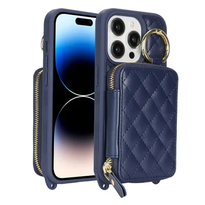 For iPhone 14 Pro Max Case Ring Holder Zipper Pocket Kickstand Leather Back Phone Cover with Shoulder Strap - Blue