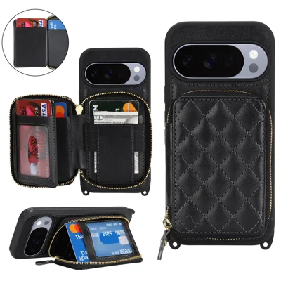 For Google Pixel 10 / 10 Pro Case Ring Holder Zipper Pocket Kickstand Leather Back Phone Cover with Shoulder Strap - Black