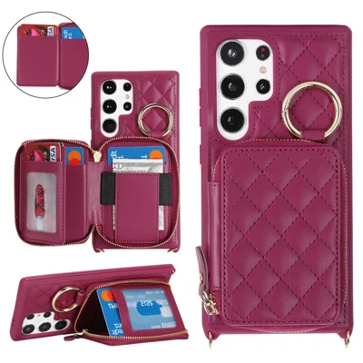 For Samsung Galaxy S24 Ultra Case Ring Holder Zipper Pocket Kickstand Leather Back Phone Cover with Shoulder Strap - Wine Red