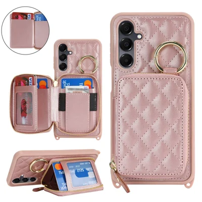 For Samsung Galaxy A15 5G / 4G Case Ring Holder Zipper Pocket Kickstand Leather Back Phone Cover with Shoulder Strap - Rose Gold