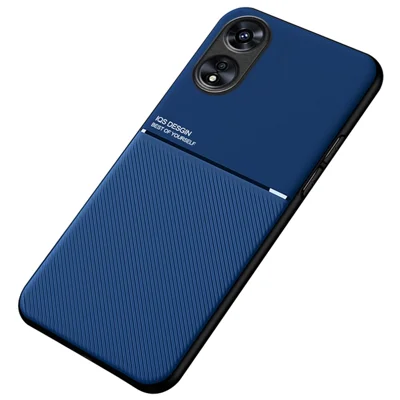 Back Case for Oppo A17 4G, Lines Imprinted PU Leather+TPU Hybrid Shell with Built-in Metal Sheet - Blue