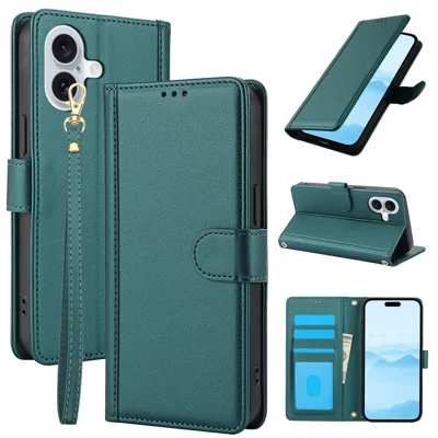 Für iPhone 17 Hülle PU-Leder Stand View Phone Wallet Cover mit Handgelenkband - Grün
