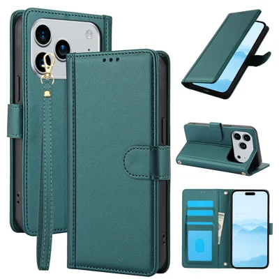 For iPhone 18 Pro Max / 17 Pro Max Case PU Leather Stand View Phone Wallet Cover with Hand Strap - Green