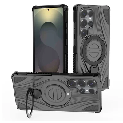 For Samsung Galaxy S25 Ultra Magnetic Case Rotating Kickstand TPU PC Shockproof Phone Back Cover - Black