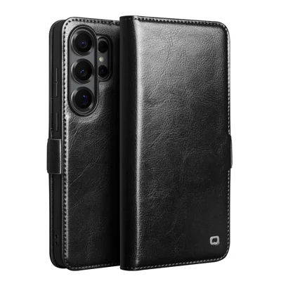 QIALINO voor Samsung Galaxy S26 hoesje met kaarthouder van echt koeienleer met standaard telefoonhoes - Zwart