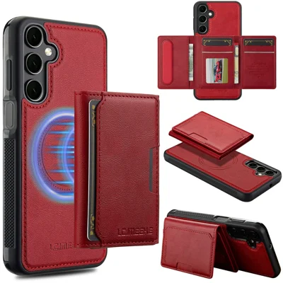 LC.IMEEKE L5 per Samsung Galaxy S26+ Custodia Magnetica per Telefono con Cover Posteriore in Pelle e Portatessere Staccabile - Rosso