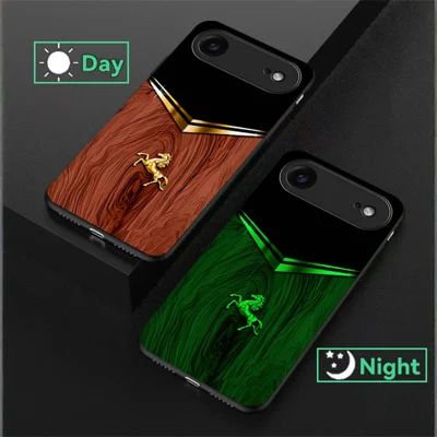 For iPhone Air Luminous Case Pattern Print Night Glow TPU + PC + Tempered Glass Phone Back Cover - Wood Texture Golden Horse