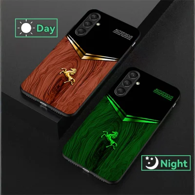 For Samsung Galaxy A16 5G / A16 4G Luminous Case Pattern Print Night Glow TPU + PC + Tempered Glass Phone Back Cover - Wood Texture Golden Horse