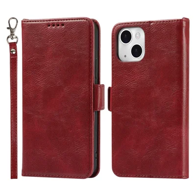 For iPhone 14 Shockproof Flip Leather Phone Case Retro Wallet Stand Magnetic Clasp Phone Cover with Strap - Red