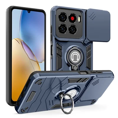 Für ZTE Blade A56 Hülle mit Schiebeobjektivschutz, Ständer und PC + TPU-Handyhülle - Blau