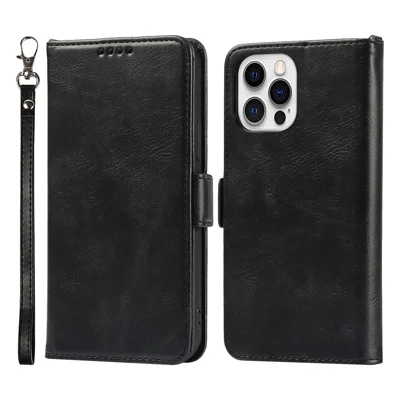 For iPhone 14 Pro Max Anti-scratch Phone Case Retro Wallet Stand Magnetic Clasp Drop Proof Flip Leather Phone Cover with Strap - Black