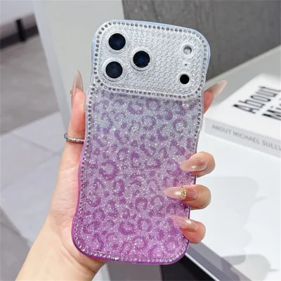 For iPhone 18 Pro Max / 17 Pro Max Case Rhinestone Decor Wave Frame TPU Phone Cover with Leopard Print Glitter Card - Gradient Purple