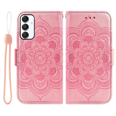 For Samsung Galaxy A15 5G / 4G Case Peony Imprinted  TPU PU Leather Wallet Phone Cover with Wrist Strap - Rose Gold