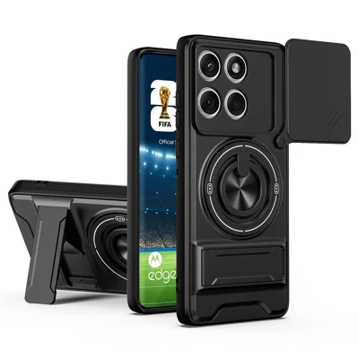 Voor Motorola Edge 60 Fusion 5G Magnetische Hoesje Ringhouder Opvouwbare Stand TPU PC Telefoonhoesje met Cameraobjectiefschuif - Zwart