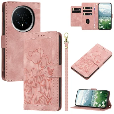 For Honor Magic8 5G Wallet Case with 5 Card Slot / Wrist Strap, Tulip Pattern Imprint Leather Phone Cover - Pink