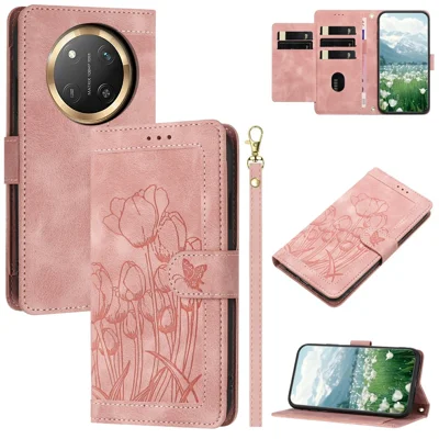 For Honor X60 Pro 5G / X9c 5G / Magic7 Lite 5G Wallet Case with 5 Card Slot / Wrist Strap, Tulip Pattern Imprint Leather Phone Cover - Pink