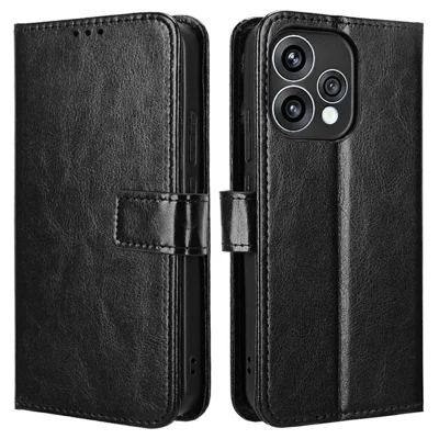 PU Leather Case For Oppo Reno15 5G (Global) / Reno15c 5G (China) with Strap Crazy Horse Texture Phone Wallet Cover - Black
