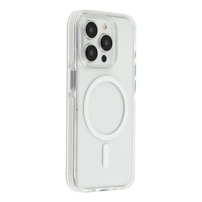 Coque magnétique pour iPhone 15 Pro, housse transparente en TPU et PC avec boutons métalliques - Blanc