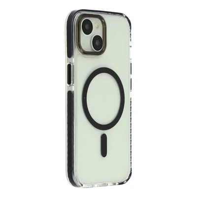 For iPhone 15 Plus Magnetisk Case TPU PC Gennemsigtigt Cover med Metal Knapper - Sort