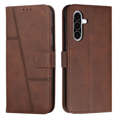 Leather Phone Case For Samsung Galaxy A37 5G Foldable Stand Wallet Flip Cover with Strap - Brown