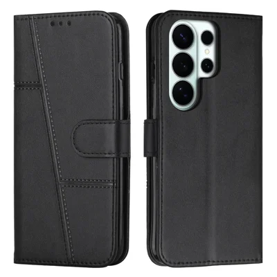 Leather Phone Case For Samsung Galaxy S26 Ultra Foldable Stand Wallet Flip Cover with Strap - Black