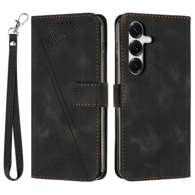 Leather Case For Samsung Galaxy S26 Imprinted Triangle Phone Cover with Hand Strap - Black