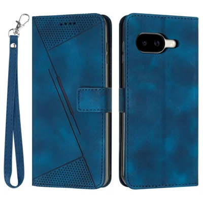 For Google Pixel 10a Leather Case Imprinted Triangle Phone Cover with Hand Strap - Blue