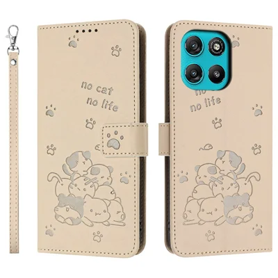 Wallet Case For Oppo A6x 5G / A6x 4G / A6x 5G (India) / A6s 5G / A6 4G / A6 5G (Global) / A6t 4G / A6t 5G / A6t Pro 4G (Global) / A6c 4G   /  A6x 4G Cats Imprint Leather Phone Cover with Strap - Beige