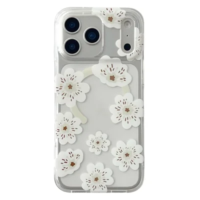 Magnetische Hülle für iPhone 17 Pro Max mit Winter-Sakura-Muster, Schutzhülle aus TPU und PC mit Blumenmuster – Weiße Blüten / Weiß