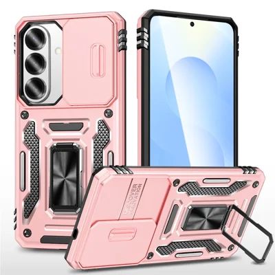 Funda con soporte plegable y tapa deslizante para lente, para Samsung Galaxy S26+, carcasa anticaídas de PC + TPU - Dorado rosa