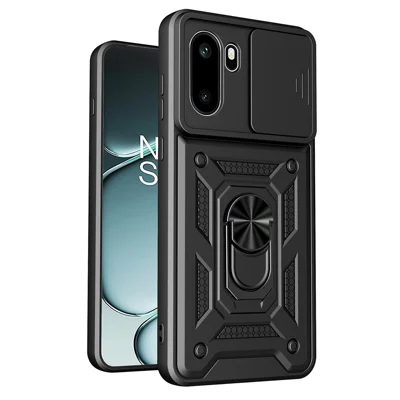 For OnePlus 15R 5G Case with Slide Camera Lid PC + TPU Kickstand Phone Cover - Black
